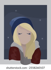 Abstract Modern Girl With Blond Hair In The Hoodie Hat And Jacket Trendy Gift Christmas Card Portrait Fashion Avatar Vector Design