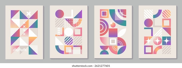 Abstract modern gradient poster vector set with Bauhaus pattern. Minimalist geometric colorful cover templates for interior design, social media, cover, banner, flyer, ads. Vector illustrations.