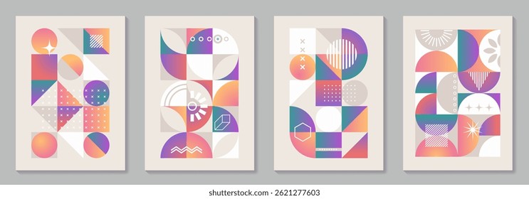 Abstract modern gradient poster vector set with Bauhaus pattern. Minimalist geometric colorful cover templates for interior design, social media, cover, banner, flyer, ads. Vector illustrations.