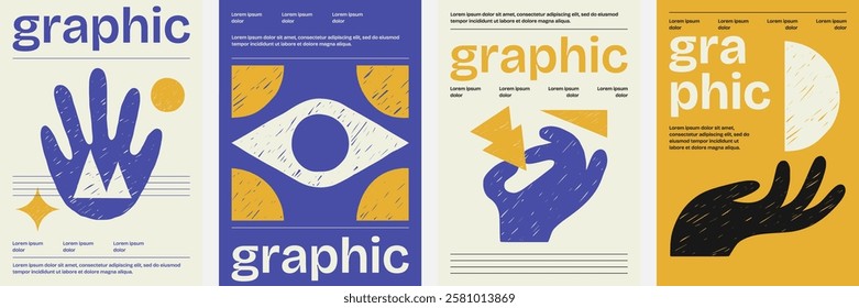 Abstract modern graphic composition with artistic hand and eye symbols, geometric shapes, and bold typography in a contemporary visual layout.