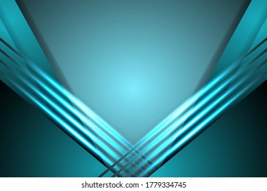Abstract modern graphic design background. Green geometric shapes, iridescent neon stripes and lines on a dark gradient.