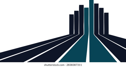 Abstract modern graphic design featuring dark blue and teal 3D lines rising upward to form a city skyline, symbolizing growth, progress, real estate, and financial success on a white background.