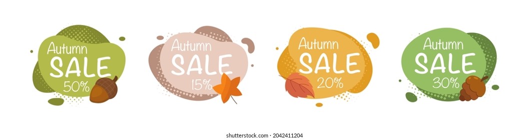 Abstract modern graphic elements with autumn leaves and acorns. Fall sale modern graphic elements. Vector template for the design autumn sale banner, poster, label flyer, web ad.  Minimal vector.