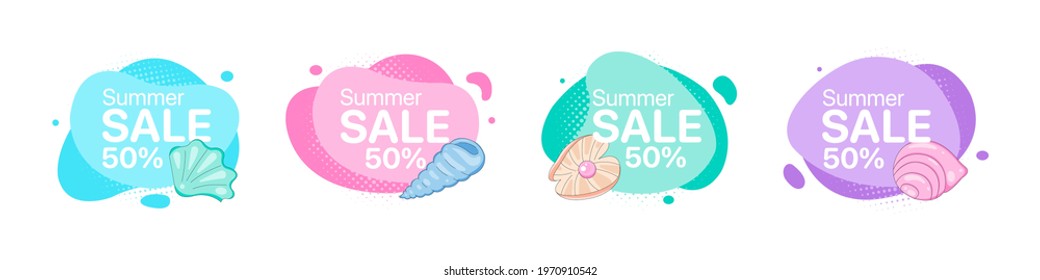 Abstract modern graphic elements with seashells. Sea modern graphic elements. Vector template for the design for summer sale banner, poster, flyer, web ad.  Wavy shapes with sea shells and pearls.