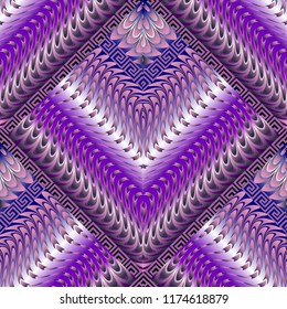Abstract modern greek 3d vector seamless pattern. Geometric ornamental creative background. Trendy decorative greek key meander ornament. Wavy lines, flowers, stripes, waves, borders. Ornate design