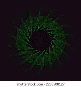 Abstract modern green fractal Circle pattern on black background. Luxury backdrop. Geometric wallpaper. Digital art screen. Cover design. NFT card. Swirl neon design element for template. Flower. ESG