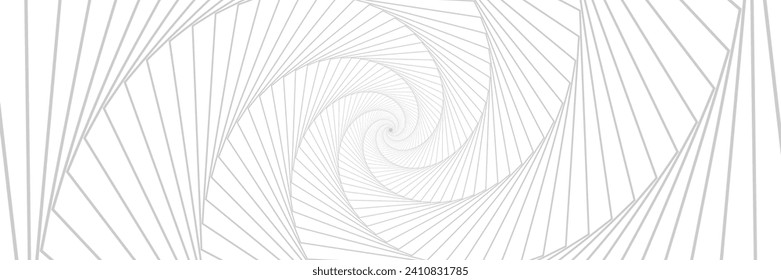 Abstract modern grey horizontal banner background with geometric diagonal dynamic spiral lines. Op art design and hypnotic pattern. Vector illustration