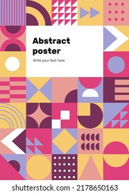 Resumen. Afiches de cuadrícula modernos con formas geométricas, conjunto de vectores de fondo de gráficos geométricos. Círculo, triángulo y cuadrado. Color amarillo, azul, violeta y rosa, fondo de diseño Bauhaus