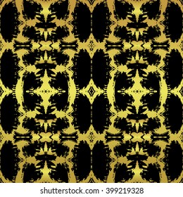 Abstract modern grunge background with hand drawn spotted texture. Vector creative seamless textured pattern in black and imitated golden colors. Grungy background. Paint brush splash texture