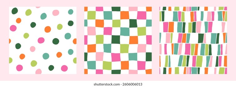 Abstract modern hand drawn dots and checkerboard seamless patterns set vector illustration.
