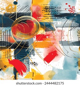 Abstract modern hand drawn geometric doodle seamless pattern with watercolor squares, brush strokes, shapes, stripes,  spiral, doodle lines, rectangles, circles, spots. Vector contemporary background.