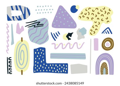Abstract modern hand painted boho Memphis design for branding cover, card, poster, website banner background. Abstract hand drawn cute tiny illustrations set