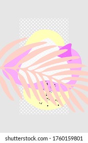 Abstract modern hand-drawn composition palm leaf spot dots. Stylish minimalistic doodle drawing. pastel pink colors on a white background, summer print, modern wallpaper. Fashionable illustration.