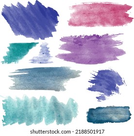 Abstract modern hand-painted design set of watercolor blotch label brushstroke blue, pink, purple turquoise, isolated vector used as decorative design card, banner, poster, cover, brochure