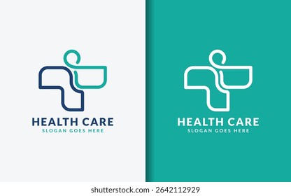 Abstract modern health logo combining human figure with medical cross, symbolizing holistic care and patient-centered service.