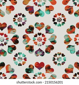 Abstract modern heart flower pattern on beige background. Seamless colorful circle flower pattern.