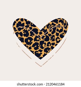 Abstract modern heart shapes silhouette with skin print, grunge texture template. Hand drawn rough leo fur hearts on beige background. Vector art illustration for love concept wallpaper
