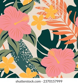 Abstract modern hibiscus flowers, plumeria and tropical leaves form a seamless floral pattern for fabric. Vector.