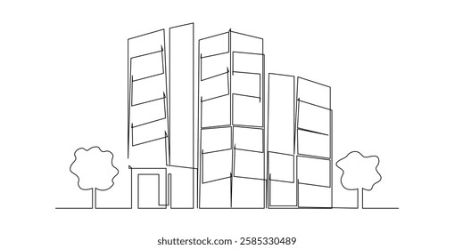 Abstract modern House City Skyline continuous one line art drawing Vector illustration
