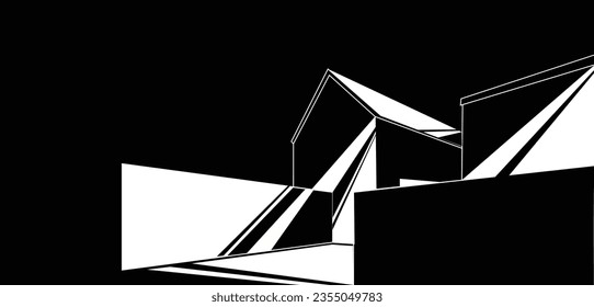 Abstract modern house in line art drawing style. Family home minimalist white linear design isolated on black background. Vector illustration