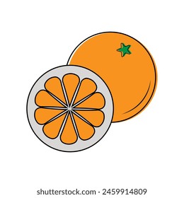 Abstract modern icon of orange, whole and sliced, isolated on white background. For web, print, product design, logo, postcard, coloring. Simple line, Vector flat illustration, hand drawn. Outline 