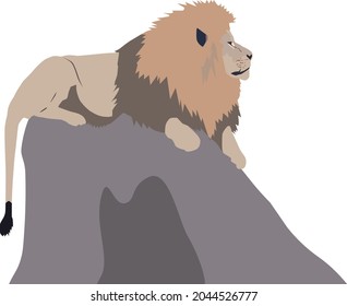 Abstract modern illustration of Lion (Panthera leo krugeri) lying on rock from profile. Trendy artistic vector design isolated on white background. Animals king. African wildlife predator.