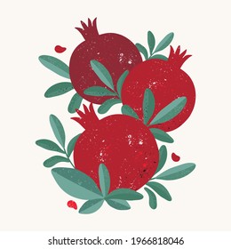 Abstract modern illustration of red juicy pomegranates for social media, postcards, print. Sweet tropical fruits. Harvesting the crop. Design for cosmetics, spa, juice, health care products