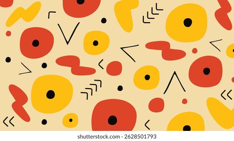 Abstract modern illustration with red and yellow blobby shapes and minimalist doodles. Great for creative visuals and branding.