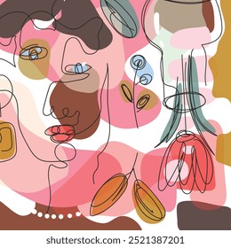 Abstract modern illustration with spots and lines. People face, flowers, plants. Vector illustration.