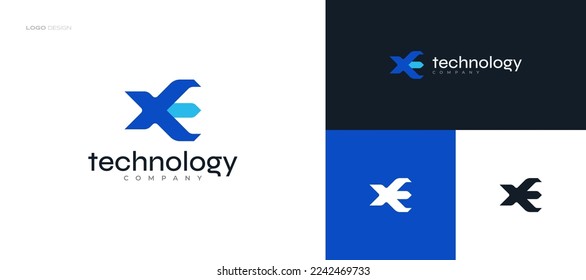 Resumen y diseño moderno de los logotipos de las letras iniciales X y E. Logotipo XE o EX en combinación de colores azules para la identidad de marca comercial y tecnológica