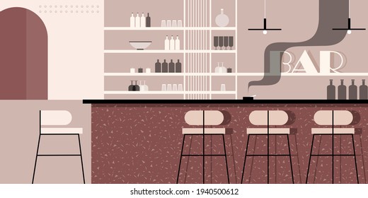 Abstract modern interior with bar counter in pastel shades of pink color. Shelves with bottles. Landing page mockup design, advertising banner or brochure. Architectural vector illustration.