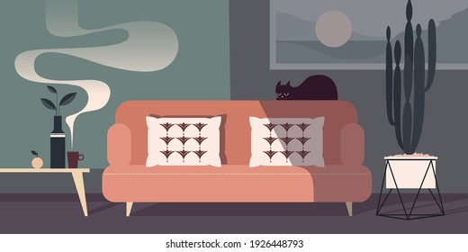 Abstract modern interior with black cat. Pink Sofa with throw Pillows.  Vector mockup for landing page design, advertising banner or booklet. Contemporary architecture illustration.