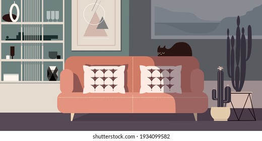 Abstract modern interior with black cat and cacti. Pink Sofa with throw Pillows.  Landing page mockup design, advertising banner or brochure. Contemporary architectural vector illustration.