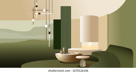 Interior moderno abstracto con chimenea en tonos pastel de verde y oro. Mofa vectorial para la página de inicio o diseño de banner o folleto publicitario. Ilustración de arquitectura contemporánea