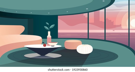 Abstract modern Interior with panoramic window. Vector mockup for background a layout landing page or design advertising banner or booklet. Contemporary architecture illustration.