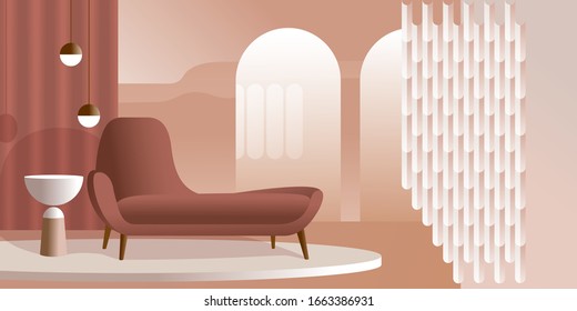 Abstract modern Interior in pastel shades of coral color. Vector mockup for background a layout landing page or design advertising banner or booklet. Contemporary architecture illustration.