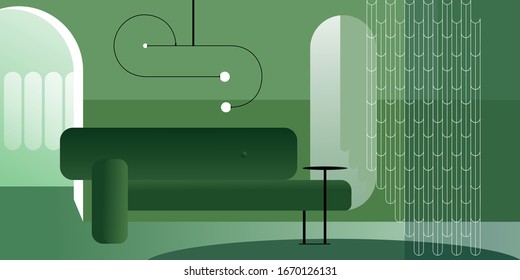 Interior moderno abstracto en tonos pastel de color verde. Mofa vectorial para fondo una página de inicio de diseño o un banner o folleto publicitario de diseño. Ilustración de arquitectura contemporánea.