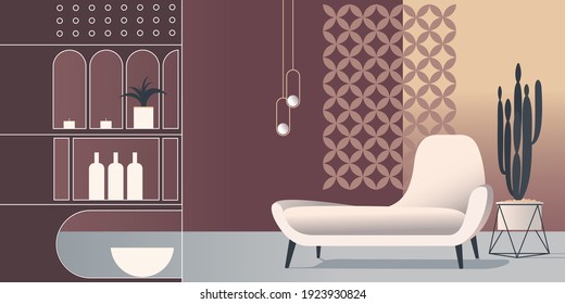 Abstract modern Interior in pastel shades of burgundy color. Vector mockup for background a layout landing page or design advertising banner or booklet. Contemporary architecture illustration.