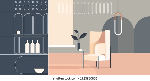 Abstract modern Interior in pastel shades of beige color. Vector mockup for background a layout landing page or design advertising banner or booklet. Contemporary architecture illustration.