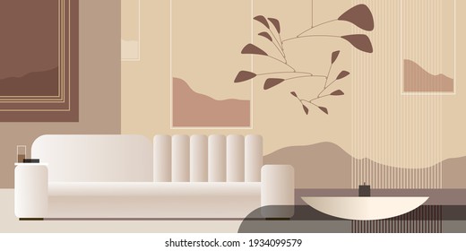 Abstract Modern Interior In Pastel Shades Of Creamy Color With White Sofa And Chandelier. Landing Page Mockup Design, Advertising Banner Or Brochure. Contemporary Architectural Vector Illustration.