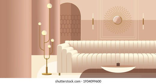 Abstract modern Interior in pastel shades of pink with creamy color sofa. Landing page mockup design, advertising banner or brochure. Contemporary architectural vector illustration.