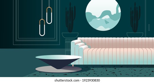 Resumen del interior moderno con ventana de ojo de buey. Modelación vectorial para fondo una página de inicio de diseño o un banner o folleto publicitario de diseño. Ilustración de arquitectura contemporánea.