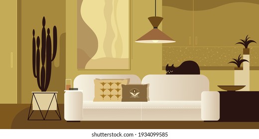 Abstract modern interior in shades of gold color.Black cat on a white sofa with throw pillows. Landing page mockup design, advertising banner or brochure. Architectural vector illustration.