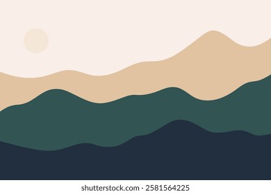 Abstract modern landscape background with panoramic views of mountains, hills, hand-drawn vector. Graphic color illustration, flat design. An element for a banner, cover decoration, or text design