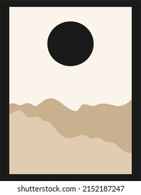 Abstract modern landscape poster. Modern background in boho style with sun mountains, minimalist wall decor. Vector art print.