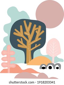 abstract, modern, landscape, scenery with trees and little hills, plants, scandinavian, trendy, hygge style,