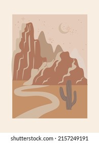 Abstract modern landscapes with desert, cacti, house. Pastel shades. Wall decor in boho style. Mid-century modern minimalist art print. Flat design.