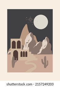 Abstract modern landscapes with desert, cacti, house. Pastel shades. Wall decor in boho style. Mid-century modern minimalist art print. Flat design.