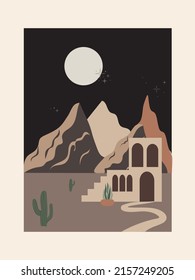 Abstract modern landscapes with desert, cacti, house. Pastel shades. Wall decor in boho style. Mid-century modern minimalist art print. Flat design.