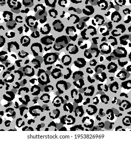 Abstraktes, modernes Leopardenmuster, nahtlos. Tiere, trendiger Hintergrund. Graue und schwarze dekorative Vektorgrafik für Druck, Karte, Postkarte, Gewebe, Textilien. Modernes Ornament der stilisierten Haut.